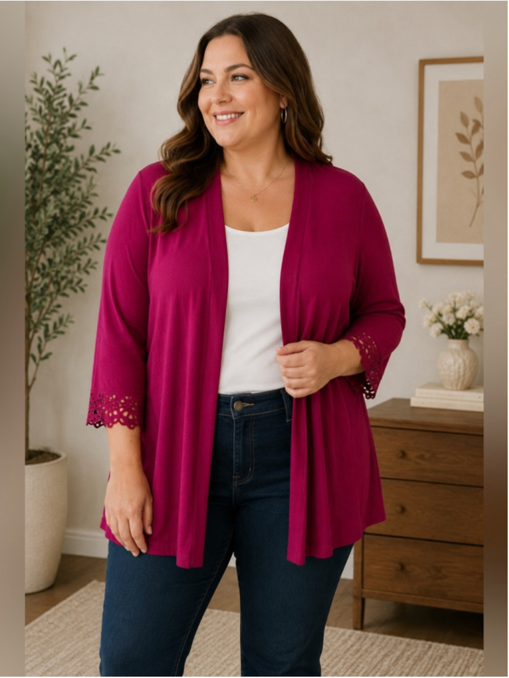 Citiknit Magenta Open-Front Lace Trim Cardigan Size XXL 2X Lightweight